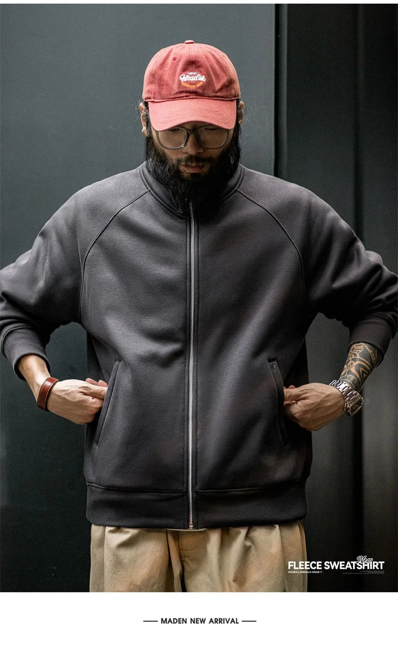 Maden Casual Polar Fleece Cardigan Sweatshirt Stand-up Collar Sports Zipper Jacket Warm Versatile Coat for Men's Fall and Winter