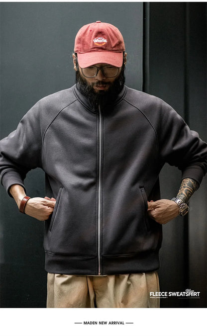 Maden Casual Polar Fleece Cardigan Sweatshirt Stand-up Collar Sports Zipper Jacket Warm Versatile Coat for Men's Fall and Winter