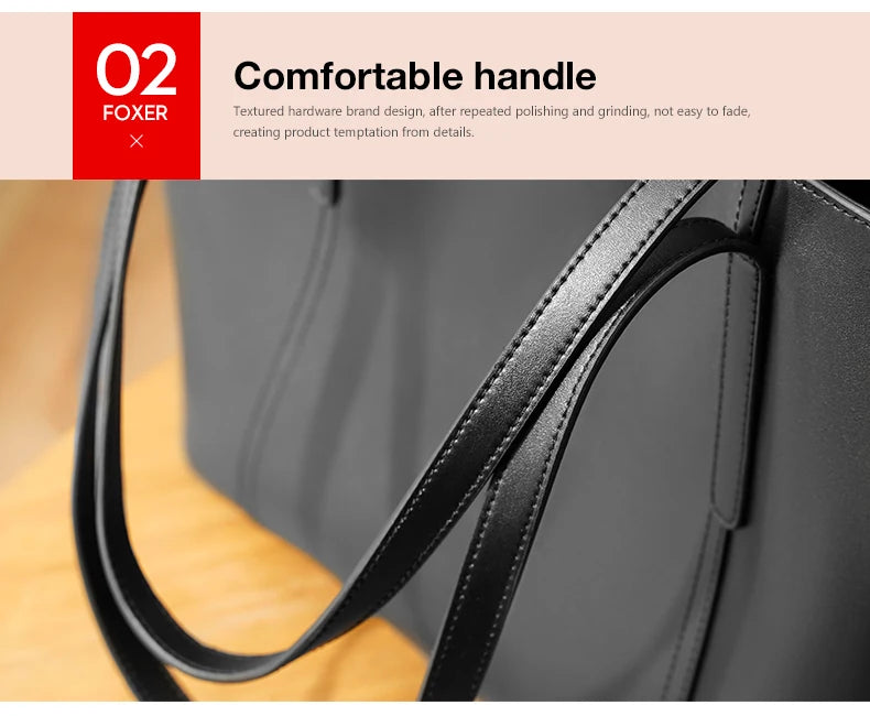 FOXER Split Leather Shoulder Bag for Women Simple Large Capacity Tote Lady Classic Black Handbag Gift for Wife, Lover