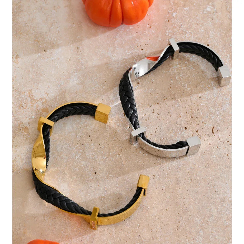 68mm Black Leather Stainless Steel Twisted Cuff Bracelet - ShopHub