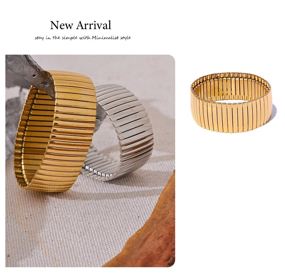 Elastic 316L Stainless Steel Metal Wide Big Statement Bracelet Bangle - ShopHub