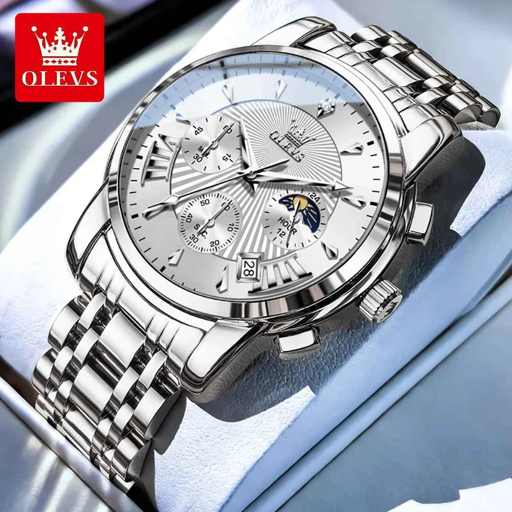OLEVS 2892 Mens Business Quartz Watch with Moon Phase Multifunctional Chronograph and Calendar Window