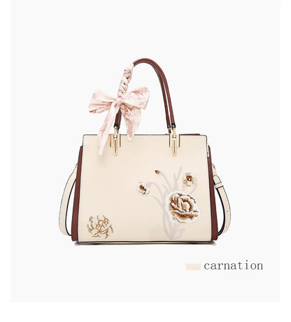 FOXER Luxury Embroidery Women's Handbag Split Leather Elegant Lady Tote Bag Chinese Style Shoulder Bag Best Mother's Day Gift