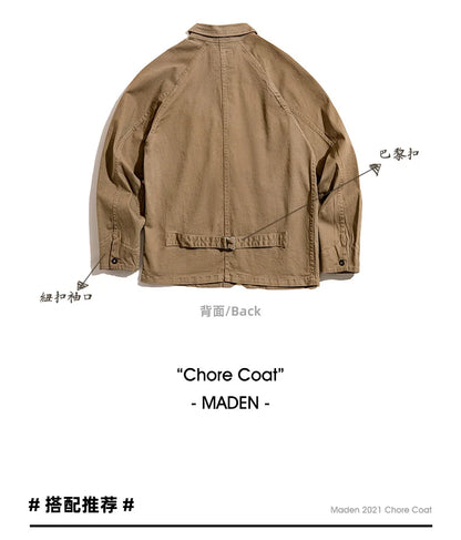 Maden Heavyweight Twill Fabric Four-pocket Chore Coat for Men Khaki Color Turn-down Collar Utility Jacket Male Autumn Jackets