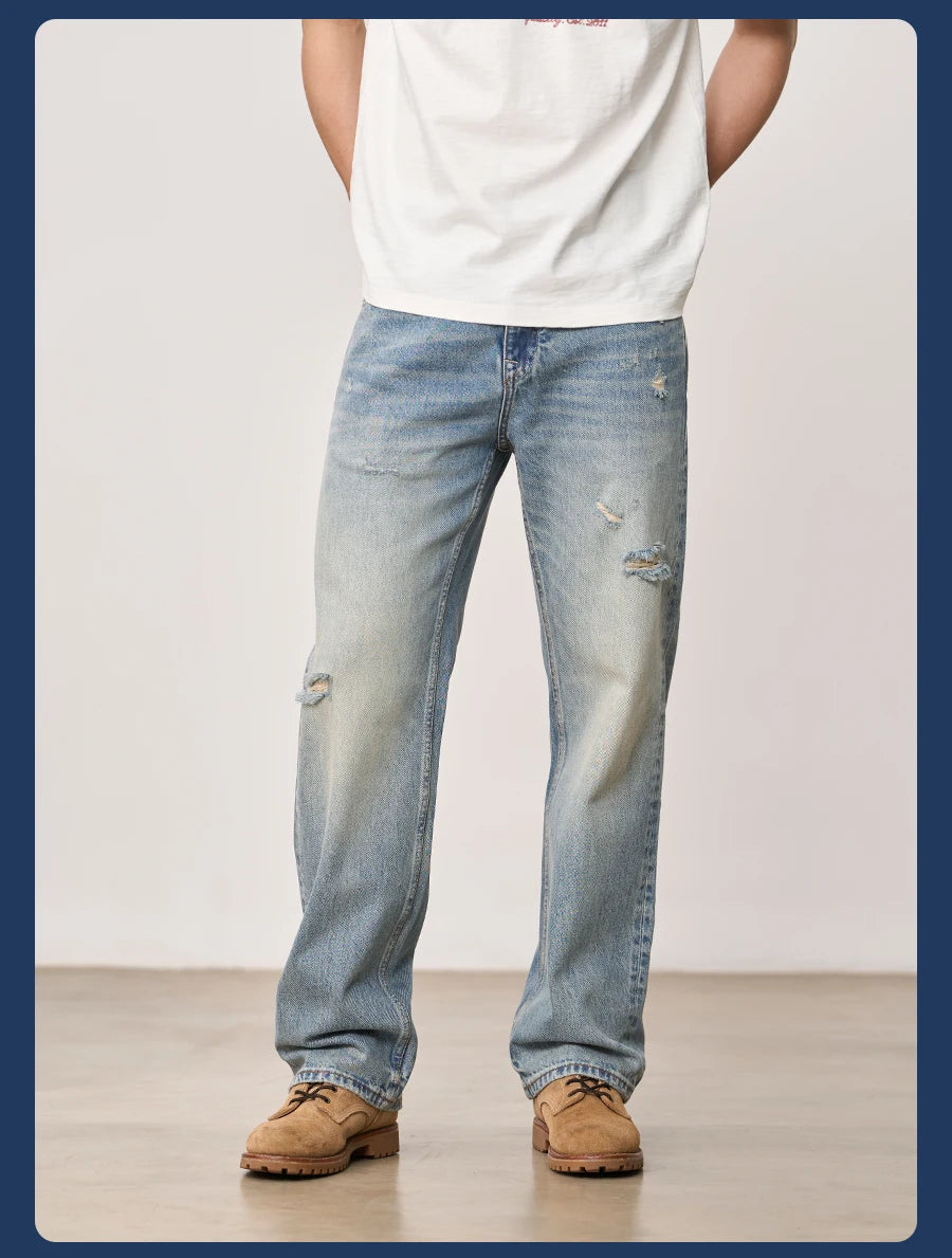 SIMWOOD High Standard 2026 Summer New Loose Relax 14oz Fabric Hole Ripped Jeans Men Vintage Streetwear Fashion Denim Pants