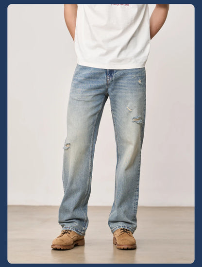 SIMWOOD High Standard 2026 Summer New Loose Relax 14oz Fabric Hole Ripped Jeans Men Vintage Streetwear Fashion Denim Pants