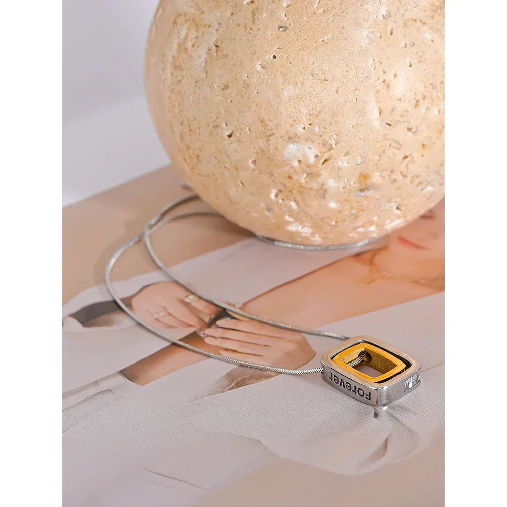 316L Stainless Steel Square Hollow Double Layered Overlay Pendant Necklace - ShopHub