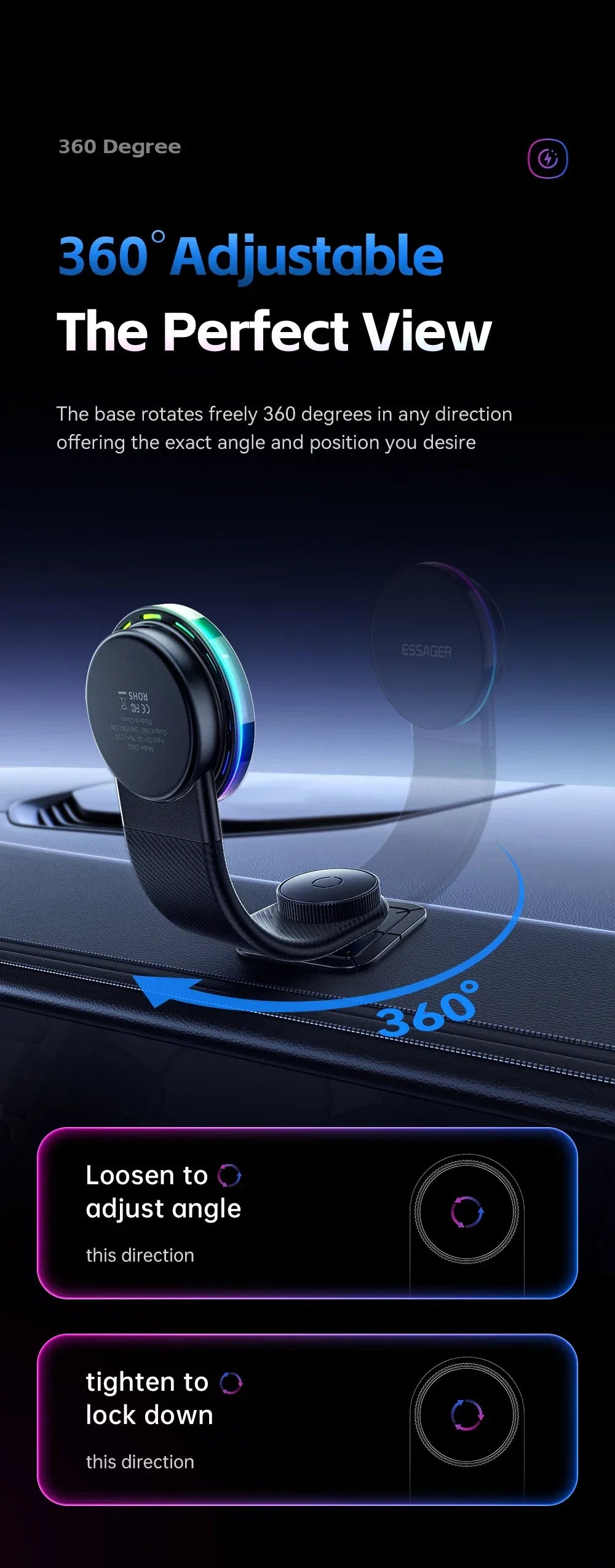 Essager 360° Free Rotation Magnetic Car Phone Holder and LED 15W Wireless Charger Stand - ShopHub