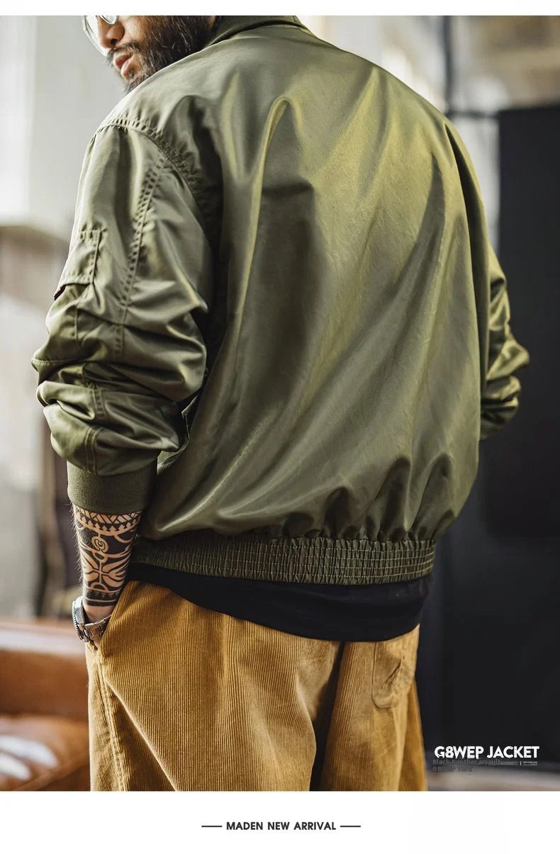 Maden Vintage Military Style G8WEP Jacket Men's Short Length Stand Collar Tactical Coat Green Lightweight Zip-Up Field Jacket
