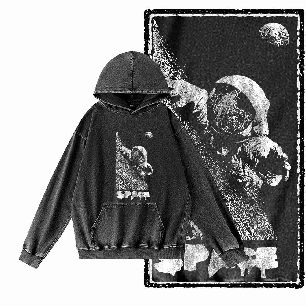Orbit Runner Astronaut Acid-Washed Black Hoodie