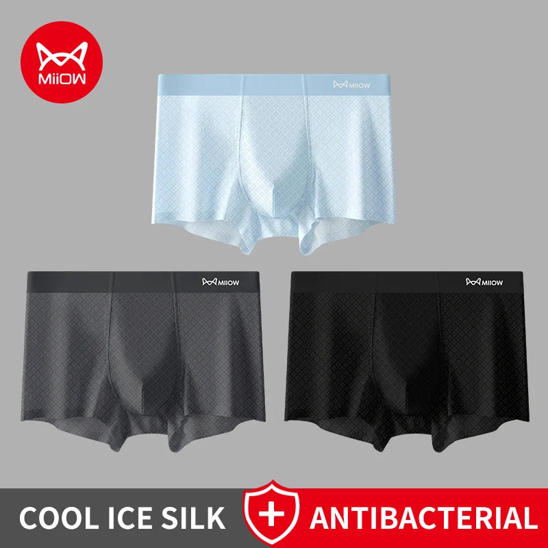 MiiOW Men's Ice Silk Boxer Briefs - 3Pcs Antibacterial Breathable Underwear