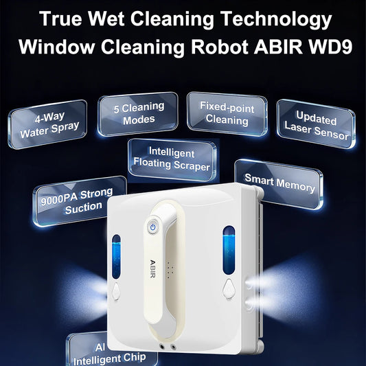 ABIR WD9-4-Way Robot Window Cleaner from ShopHub NZ cleaning large glass windows with a sleek design and multiple cleaning modes.