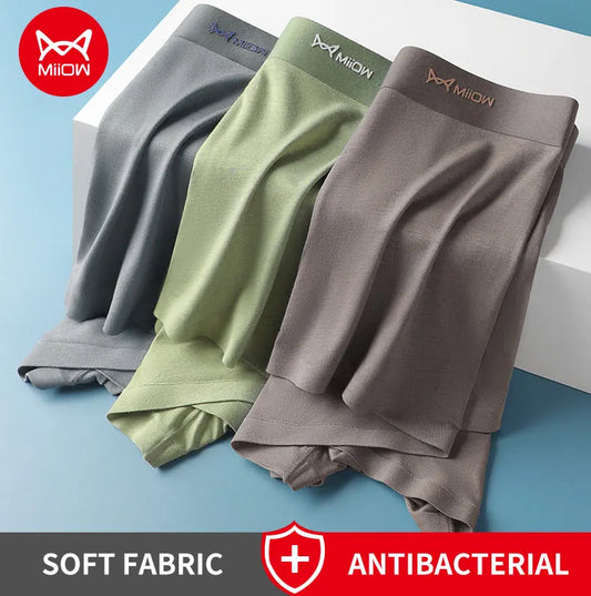 MiiOW men's modal boxer shorts set with antibacterial fabric and hip-raise design, featuring three pairs of stylish, comfortable boxers.
