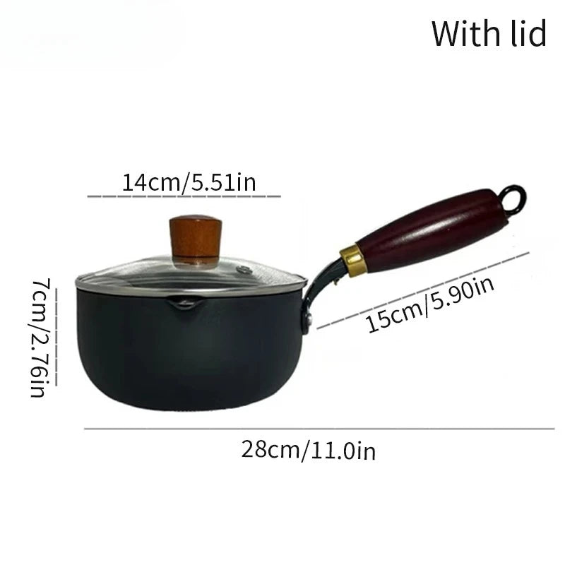 Milk Pot with Wooden Handle - Induction Compatible Small Saucepan for Boiling Milk, Soup & Noodles with Lid