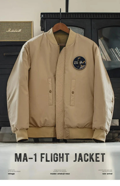 Maden Reversible MA-1 Flight Jackets for Men Baseball Collar Small Square Texture Fall and Winter Thickened Coats Cotton Jacket