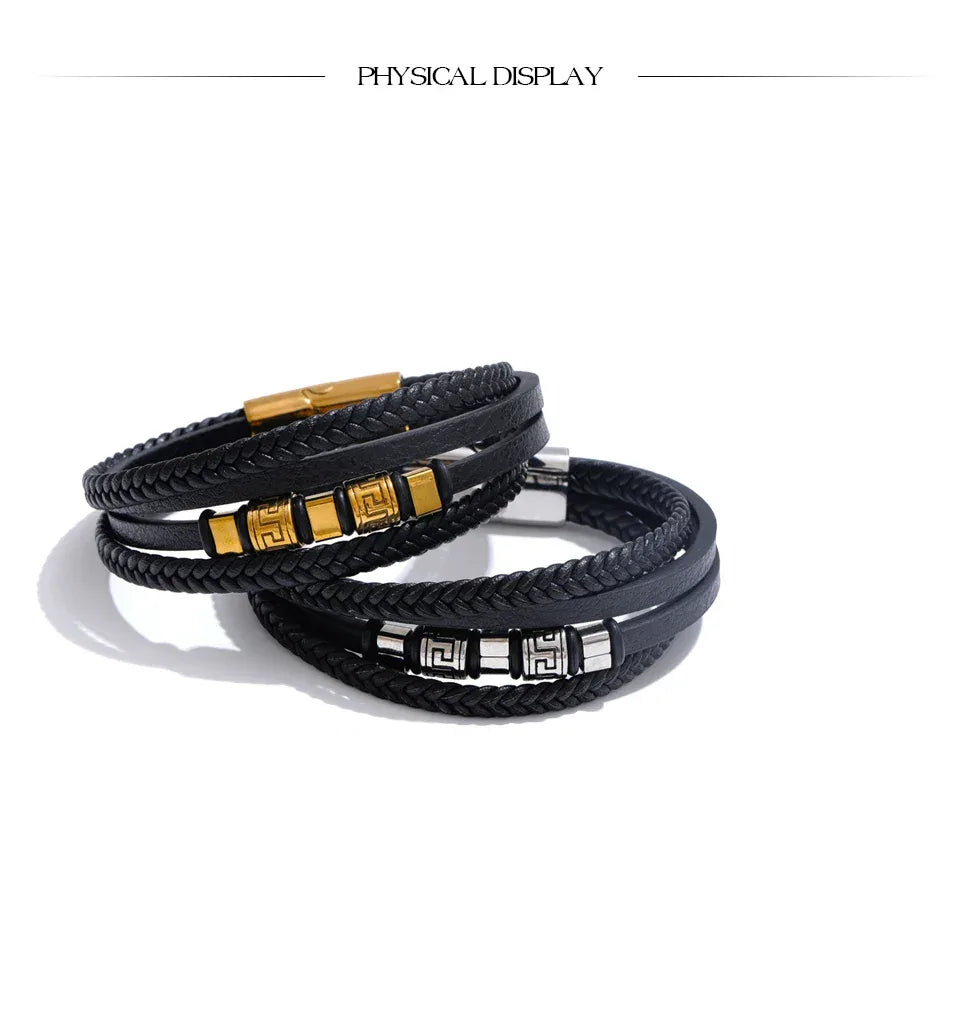 68mm Leather Braided Handmade Layered Men's Bracelet Bangle - ShopHub