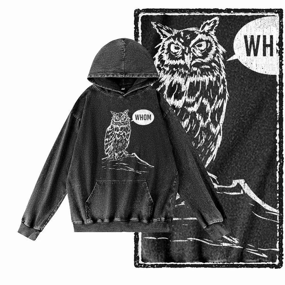 Vintage Owl Graphic Acid-Washed Black Hoodie