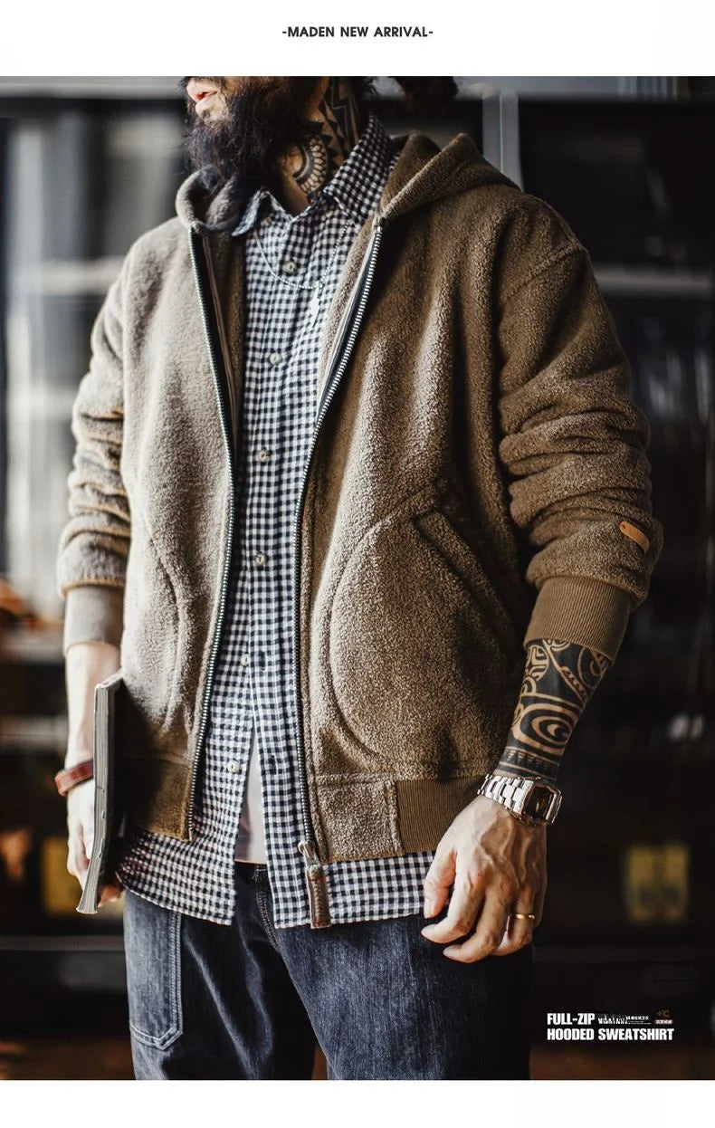 Maden Men’s Khaki Fleece Zip Hoodie Jacket