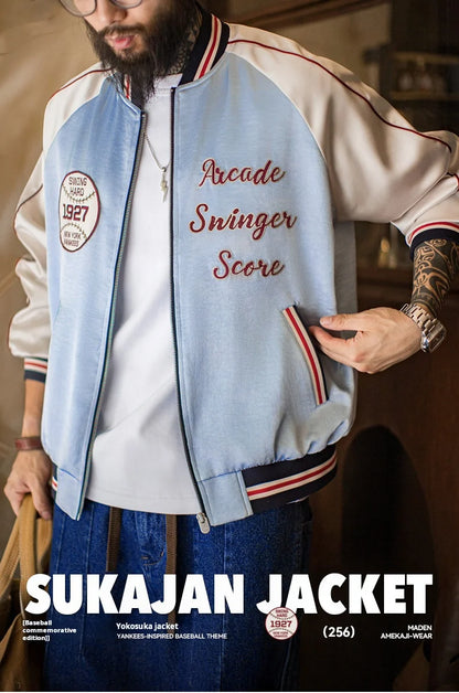 Maden Men Vintage Embroidered Souvenir Jacket Satin Contrast Baseball Bomber Outwear Short Zip-Up Casual Jacket for Spring Fall