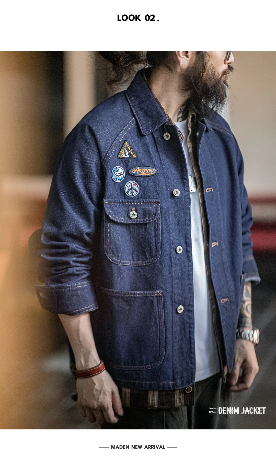 Maden Vintage Embroidered Badge 12.8oz Heavyweight Denim Jacket Washed Lapel Casual Outerwear for Men Spring and Fall Chore Coat
