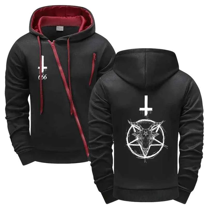 Satan Mens Tracksuit Set - Stylish Hoodie with Diagonal Zipper and Comfortable Sweatpants for Urban Streetwear This Autumn Winter