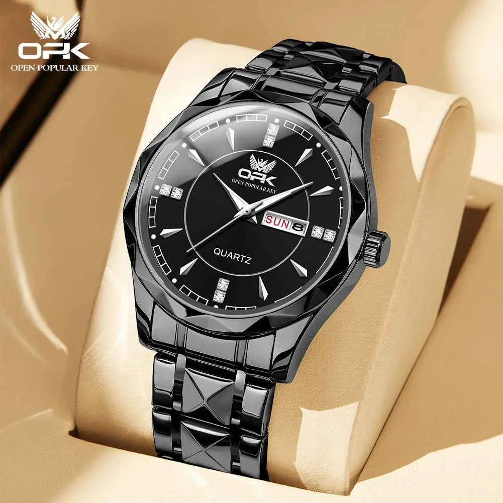 OPK 8151 Unisex Quartz Watch Waterproof Luminous Stainless Steel Automatic Date Dual Calendar Design