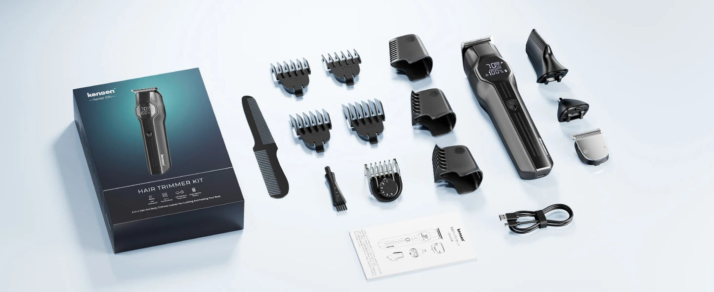 Kensen S30 Cordless Hair Clipper 4 in 1 Barber Grooming Kit with LED Display for Men - Rechargeable Beard and Nose Trimmer