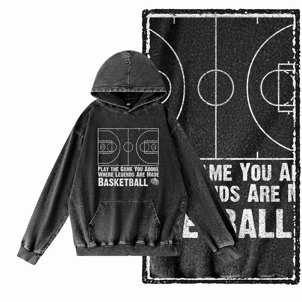 Courtside Basketball Graphic Acid-Washed Black Hoodie