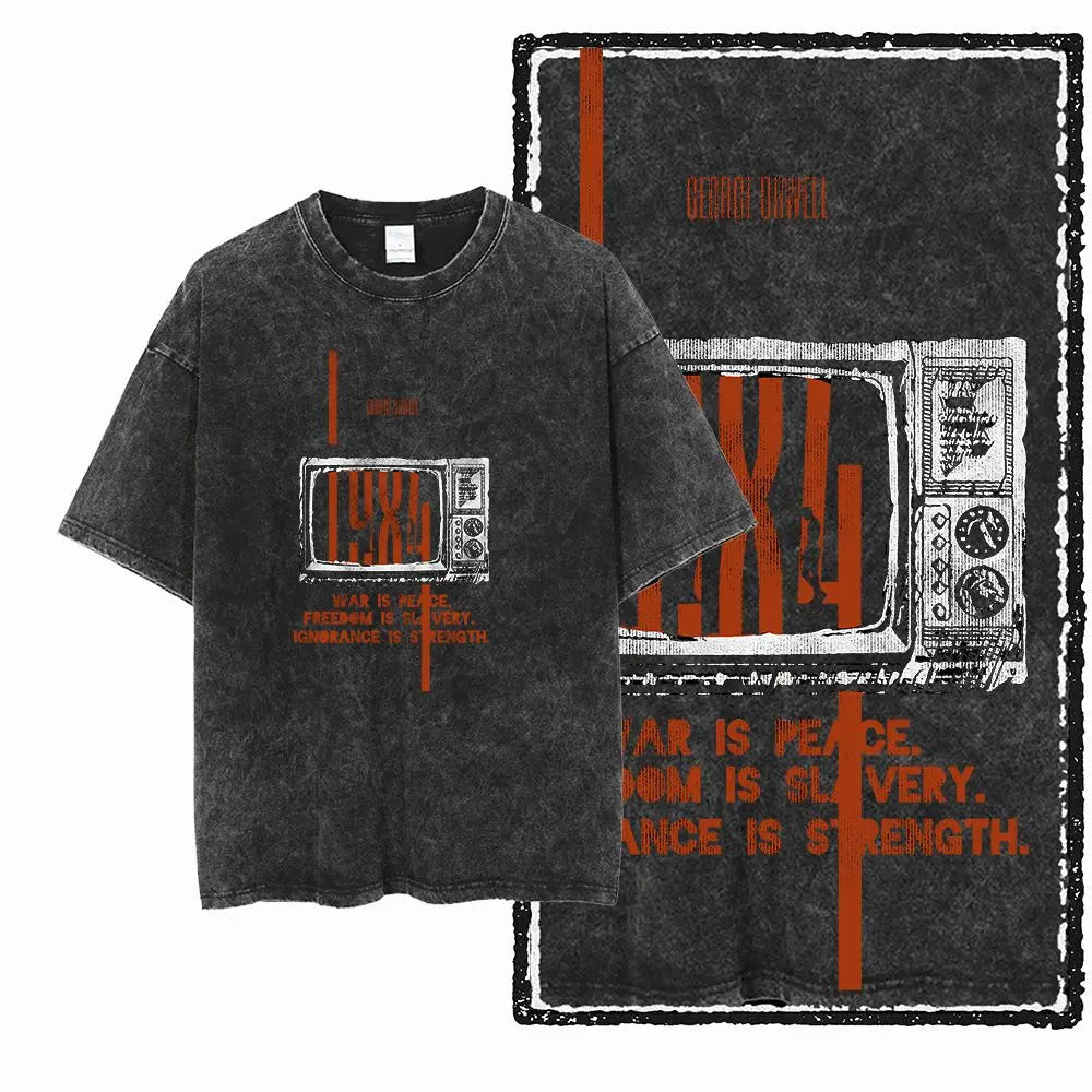 G02 Exclusive 100% Cotton Big Size 1984 Graphic Men T-shirt | Acid Washed Streetwear Cool Vintage O-neck Men's Tee Tshirt