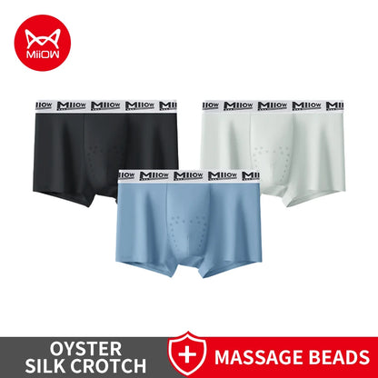 MiiOW 3Pcs Men's Breathable Underwear Ice Silk 10A Antibacterial Boxershorts with 101 Massage Beads