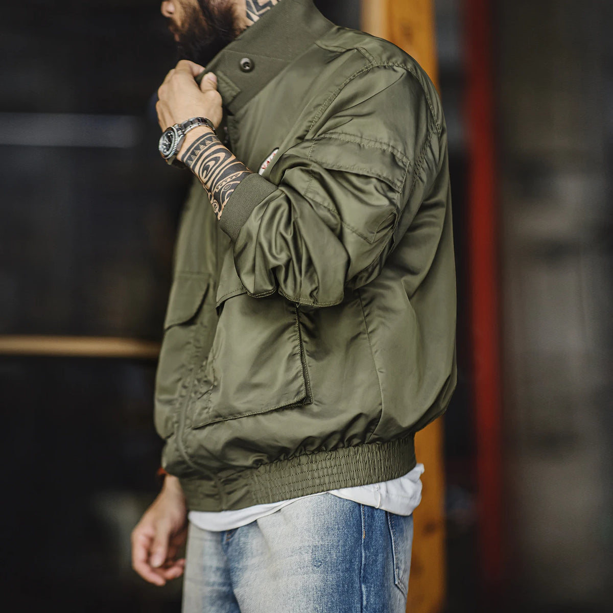 Maden Vintage Military Style G8WEP Jacket Men's Short Length Stand Collar Tactical Coat Green Lightweight Zip-Up Field Jacket