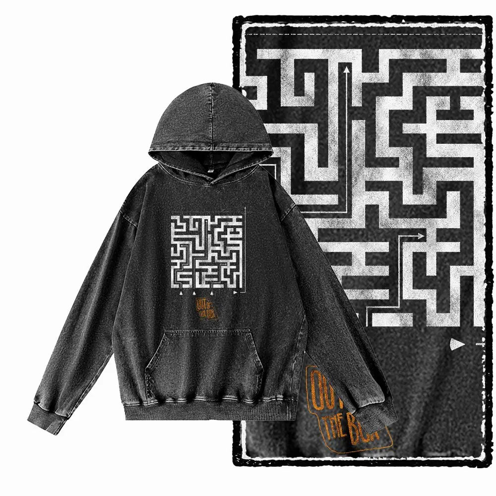 Think Outside the Box Acid-Washed Black Graphic Hoodie