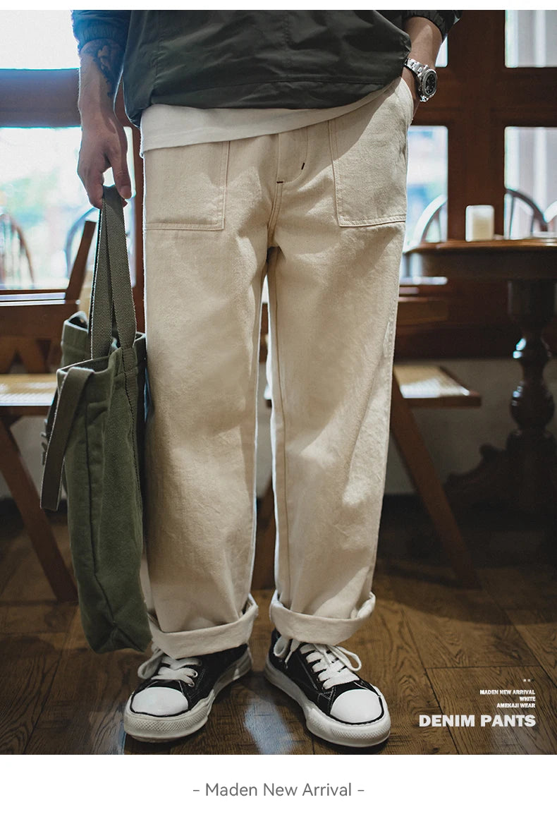 Maden Men's Vintage 11.2oz White Cottonseed Hull Jeans Casual Baggy Fit Straight Trousers for Spring and Fall Chino Cargo Pants