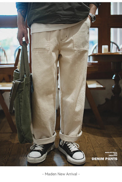 Maden Men's Vintage 11.2oz White Cottonseed Hull Jeans Casual Baggy Fit Straight Trousers for Spring and Fall Chino Cargo Pants
