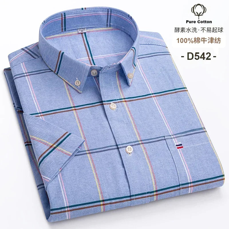 100% Cotton Men's Breathable Cotton Plaid Shirt - Short Sleeve Oxford Summer Striped Regular Fit Oversized Clothing