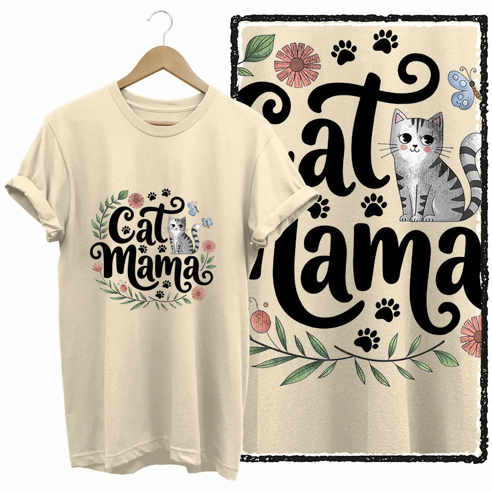 COOLMIND 100% Cotton Beige Cat Print Exclusive Graphic Women T Shirt Big Size Loose Cotton Cat Lover Women T Shirt Lovely Cat Te