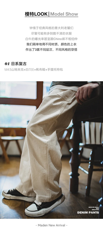 Maden Men's Vintage 11.2oz White Cottonseed Hull Jeans Casual Baggy Fit Straight Trousers for Spring and Fall Chino Cargo Pants