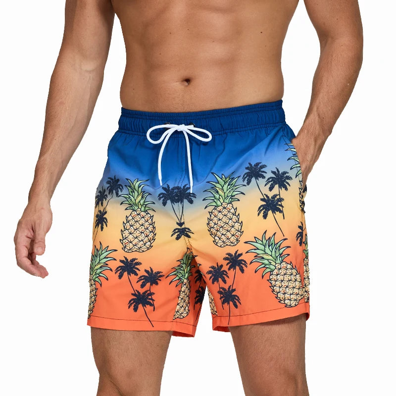 Multicolor men's polyester gym shorts with mesh liner, side pockets, quick-dry fabric, perfect for beach swimsuits and active wear.