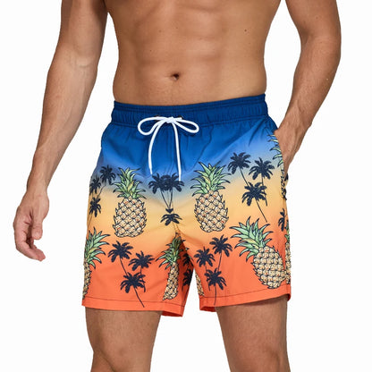 Multicolor men's polyester gym shorts with mesh liner, side pockets, quick-dry fabric, perfect for beach swimsuits and active wear.
