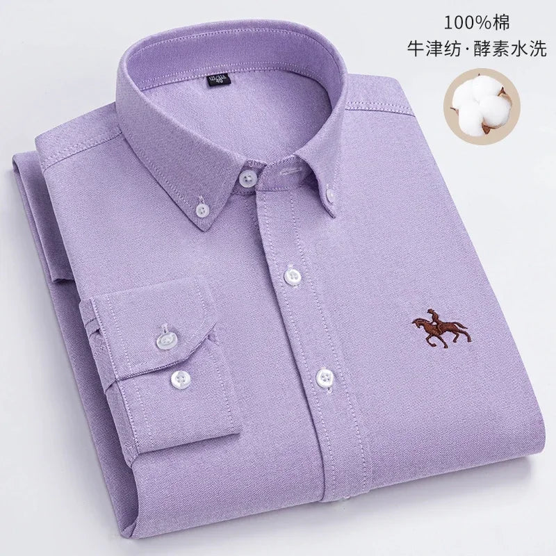 Pure Cotton Oxford Embroidered Horse Shirt for Men - Oversized Floral Long Sleeve Casual Streetwear Plus Size
