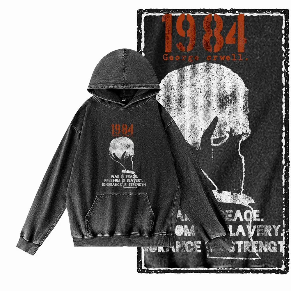 1984 Graphic Acid-Washed Black Streetwear Hoodie