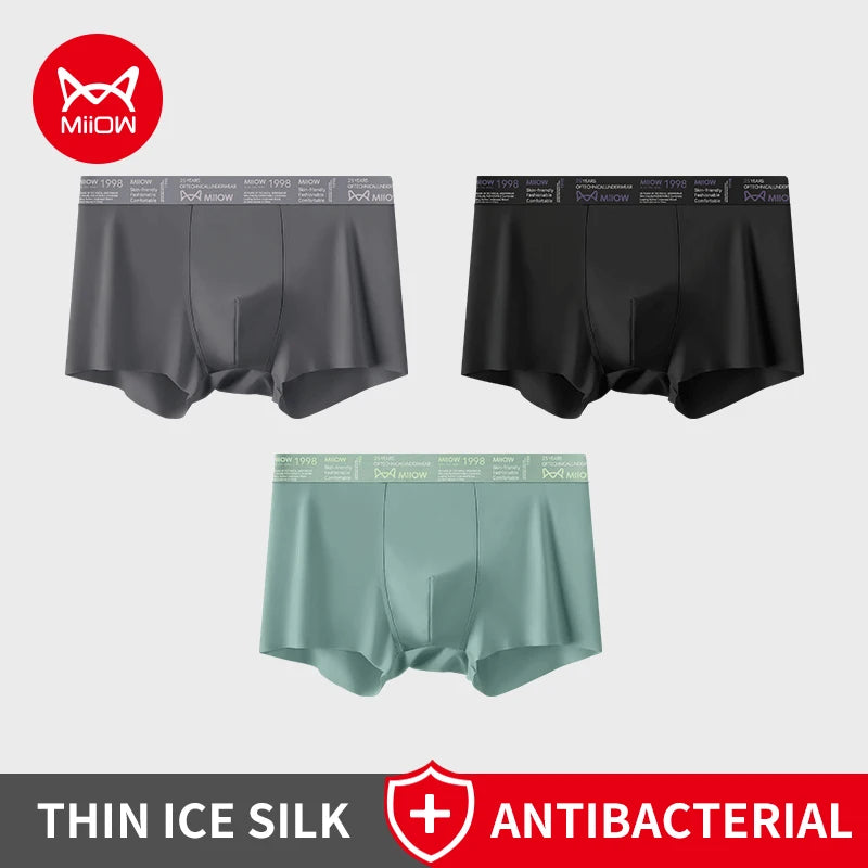 MiiOW Ice Silk Men Underwear - 3Pcs Breathable Ultra-thin Antibacterial Boxers for Ultimate Comfort