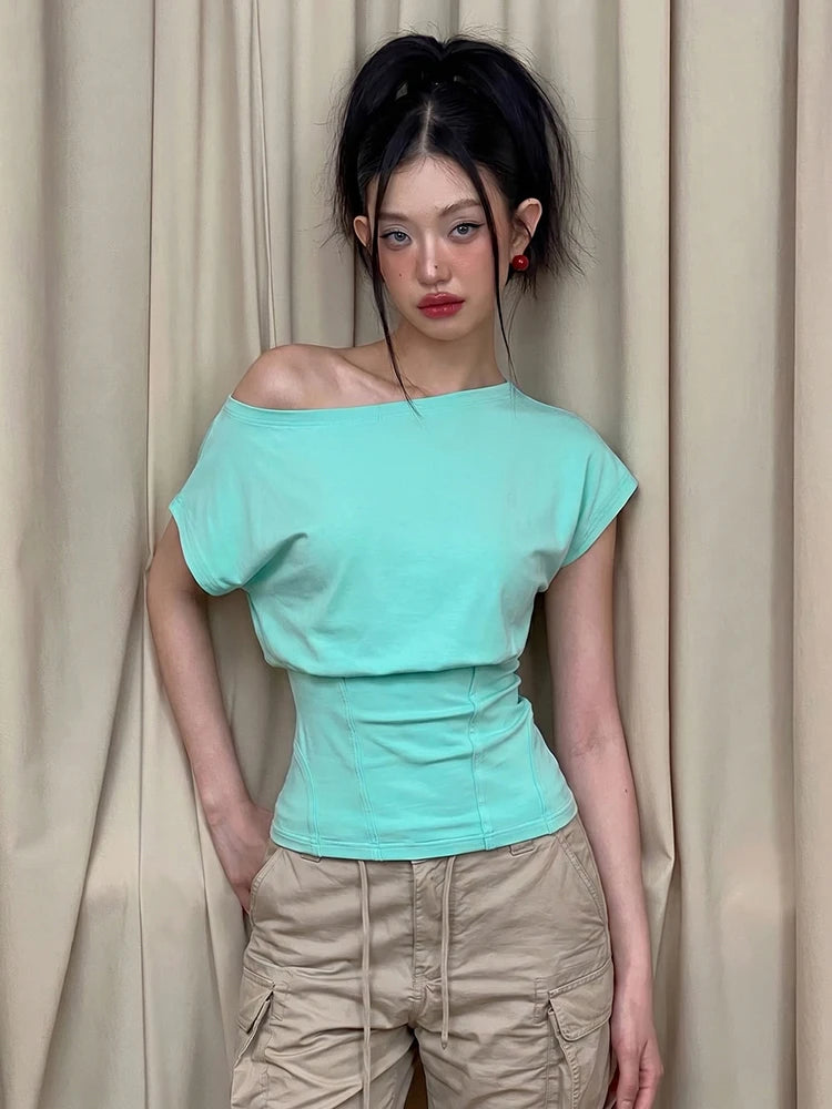 Kliou Casual Fashion Skew Collar T-Shirts