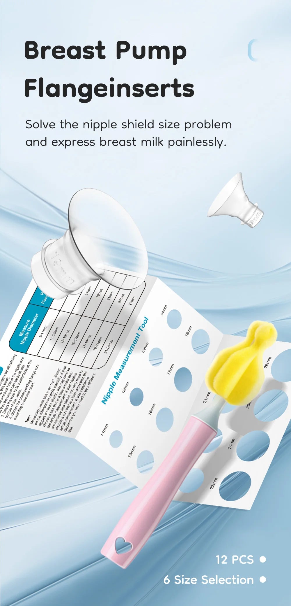 Breast pump flange inserts with a measurement tool on a blue background