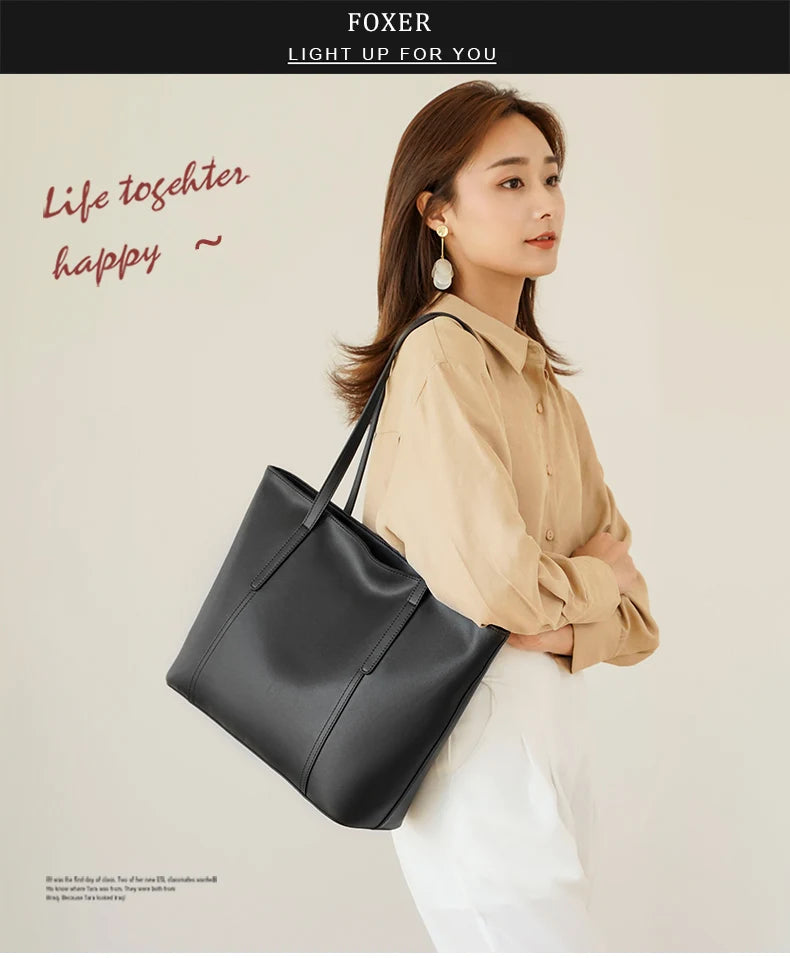FOXER Split Leather Shoulder Bag for Women Simple Large Capacity Tote Lady Classic Black Handbag Gift for Wife, Lover