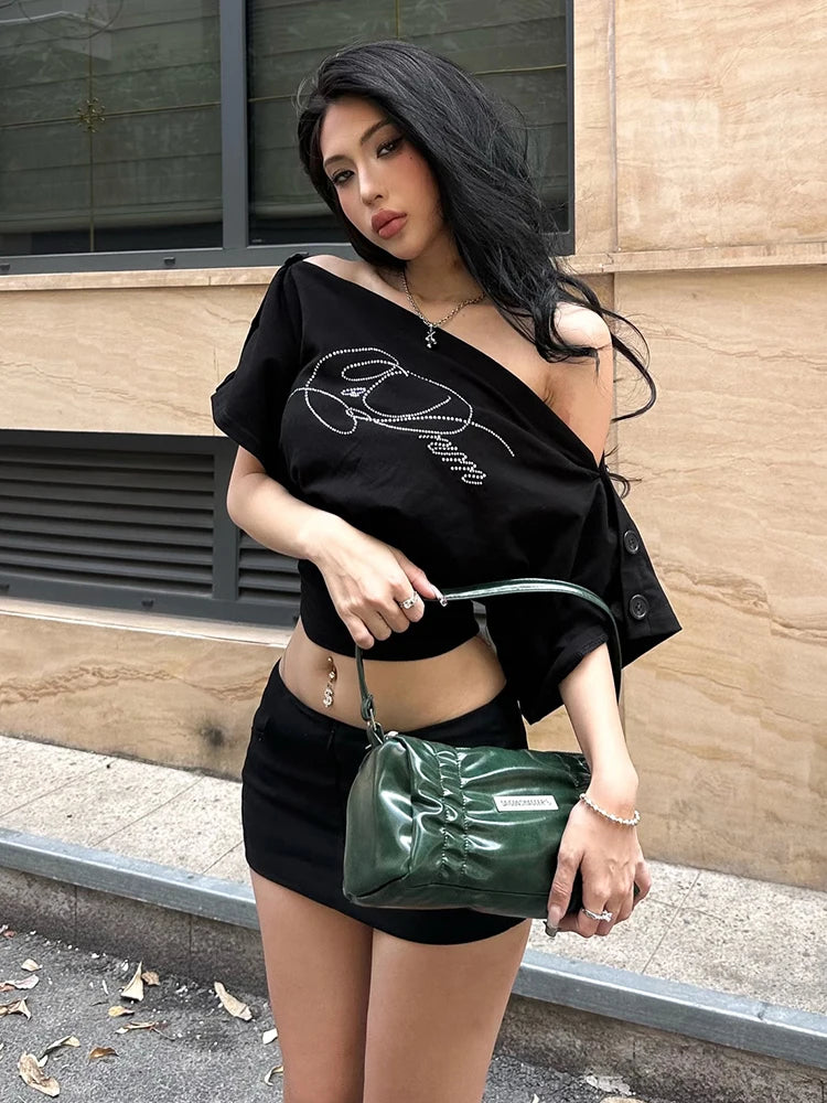 Kliou Rhinestone Decoration T-Shirt