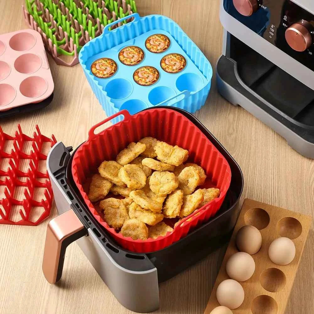 Premium Square Silicone Air Fryer Set, 9-Hole Cake Mold & Pan, Non-Stick Reusable Liner for Oven, Dishwasher Safe