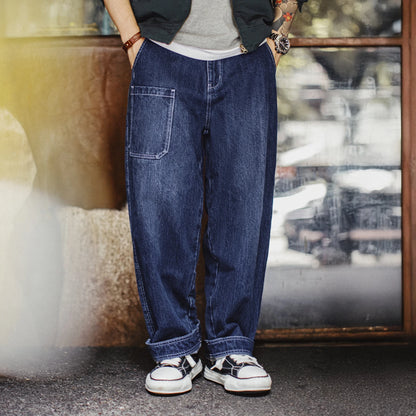 Maden 15oz Slub Cotton Denim Jeans Vintage Men's Washed Blue Straight Tapered Trousers Pants with Pockets for Men Autumn Winter