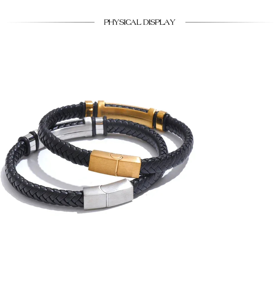 70mm Vintage Stainless Steel Black Leather Braided Handmade Men's Bracelet Bangle - ShopHub