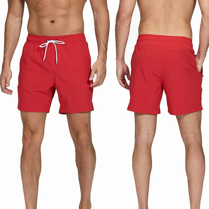 Men's breathable summer boardshorts with mesh liner, zipper pockets, quick-dry fabric, solid color, ideal for beach or swimwear.